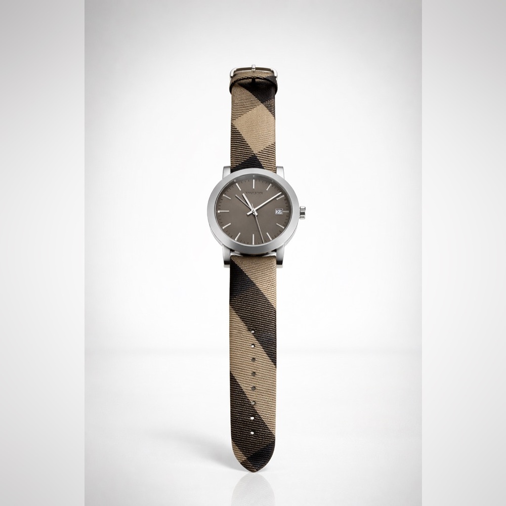 Authentic Burberry Classic Check Plaid Strap Watch Silver Tone Date Swiss Style - Picture 2 of 14